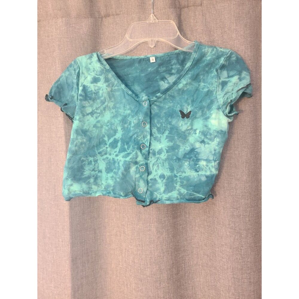 Teal Tie-Dye Baby Tee w/ Butterfly Embroidery 🦋